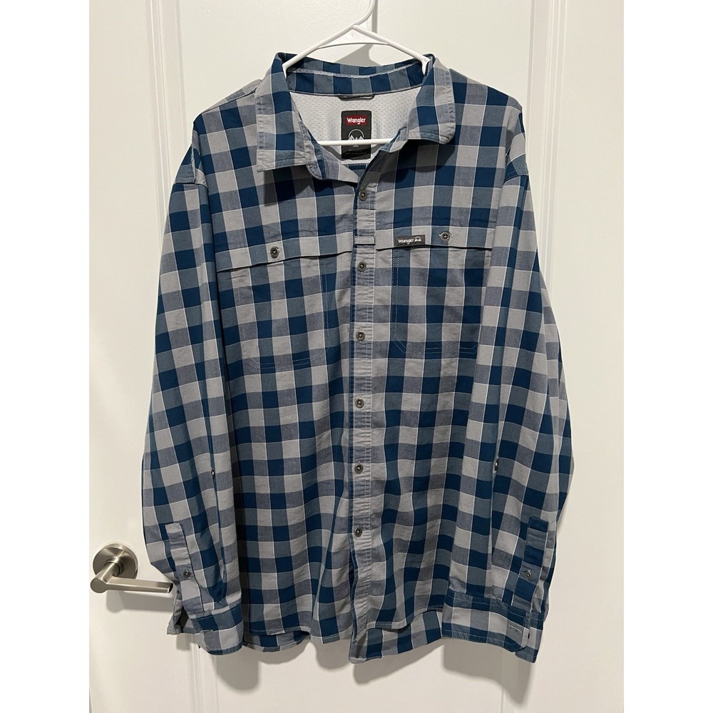 Wrangler Men's Outdoor LS‎ Utility Camp Shirt - Blue/Gray Plaid - Size 3XL